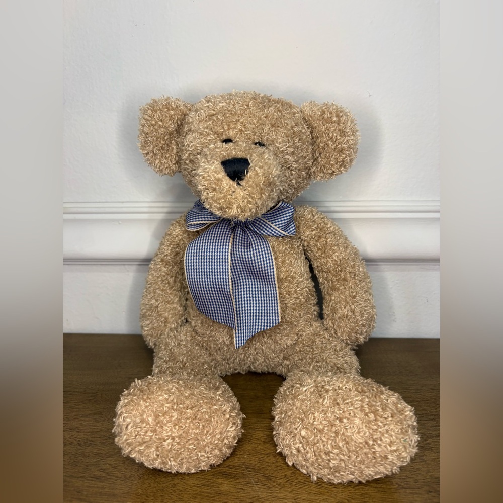 World Market plush teddy bear tan brown beanbag curly fur blue Checkered bow